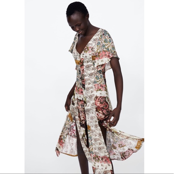 NWT Zara floral patches flowy midi dress S - Picture 3 of 7